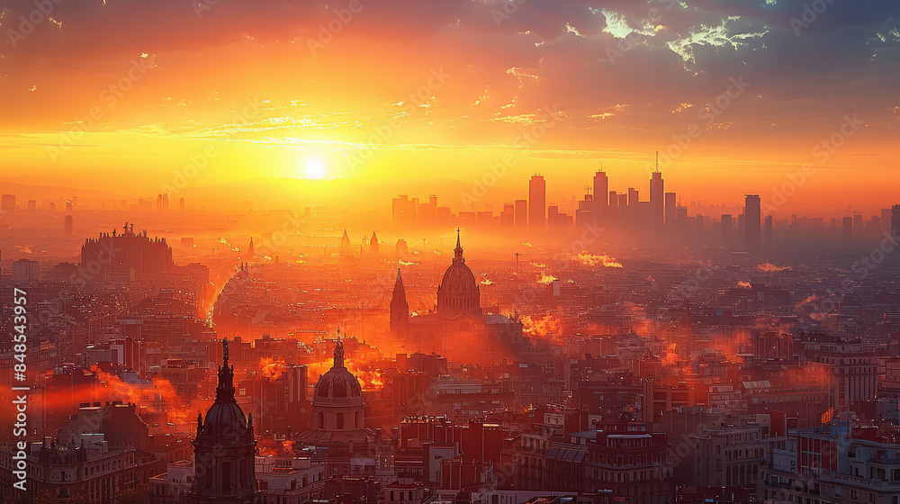 Naklejka premium Barcelona, Spain city skyline created with Generative AI technology