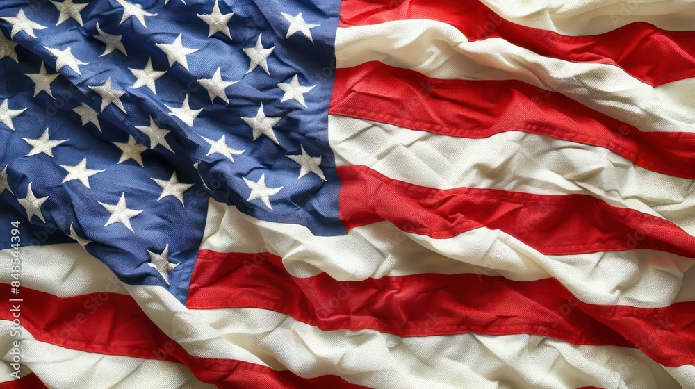 Obraz premium Detailed image showing the stars and stripes of an American flag, focusing on the texture and fabric folds