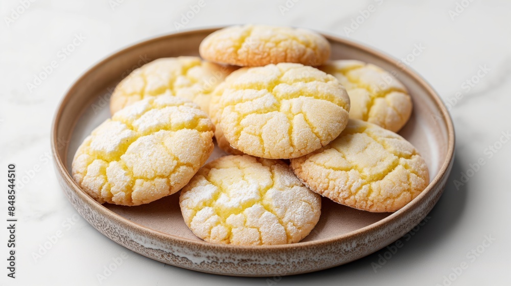 Homemade lemon crinkle cookies in a plate on plain white background. Homemade lemon crinkle cookies in a plate on plain white background.