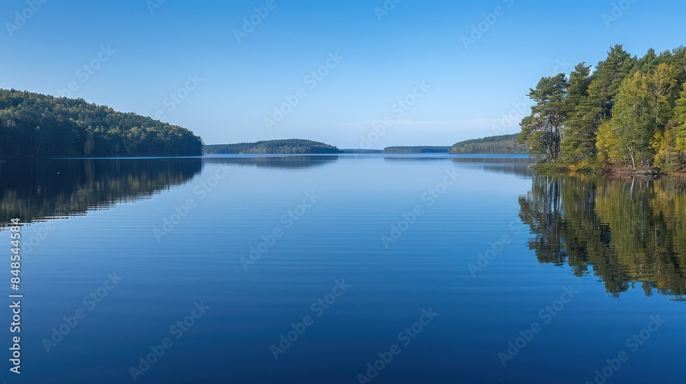 A calm and tranquil lake with reflections of forested islands and clear blue sky, perfect for serene landscapes A calm and tranquil lake with reflections of forested islands and clear blue sky, perfect for serene landscapes