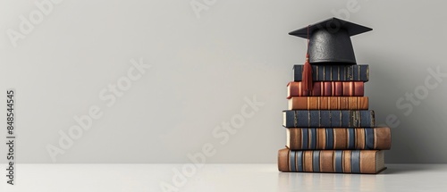 3D rendering of black graduation cap with red tassel on stack of books against gray wall background with copy space. Education concept