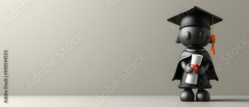 Banner with copy space featuring 3D rendering of toy student in graduation cap and gown holding scroll diploma. Education concept