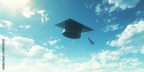 Black graduation cap tossed in the sky against sky blue background