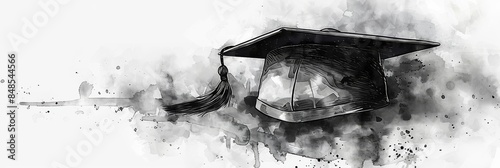 Banner with copy space featuring black and white watercolor graduation cap on white background. Education concept