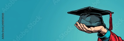 Male student hand holding graduation cap on teal background with copy space. Education concept