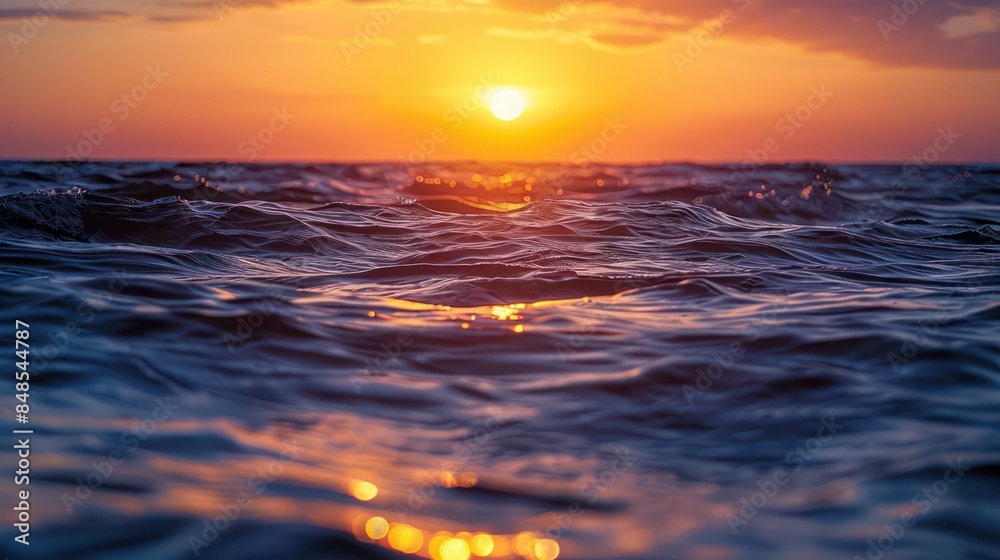 A close-up shot of ocean waves with the sun setting on the horizon, creating a serene, golden ambiance A close-up shot of ocean waves with the sun setting on the horizon, creating a serene, golden ambiance