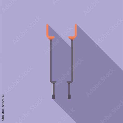 Pair of modern nordic walking sticks is standing on a light purple background, casting a long shadow