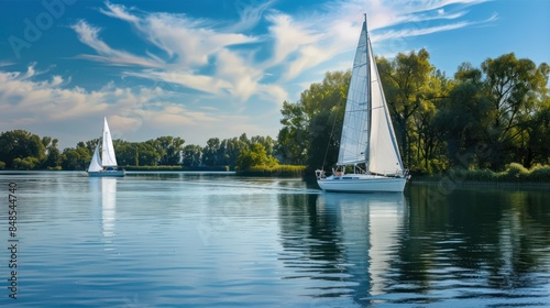 Fototapeta Naklejka Na Ścianę i Meble -  Two sailboats glide over calm waters of a lake with lush green trees and a vibrant blue sky with clouds in the background