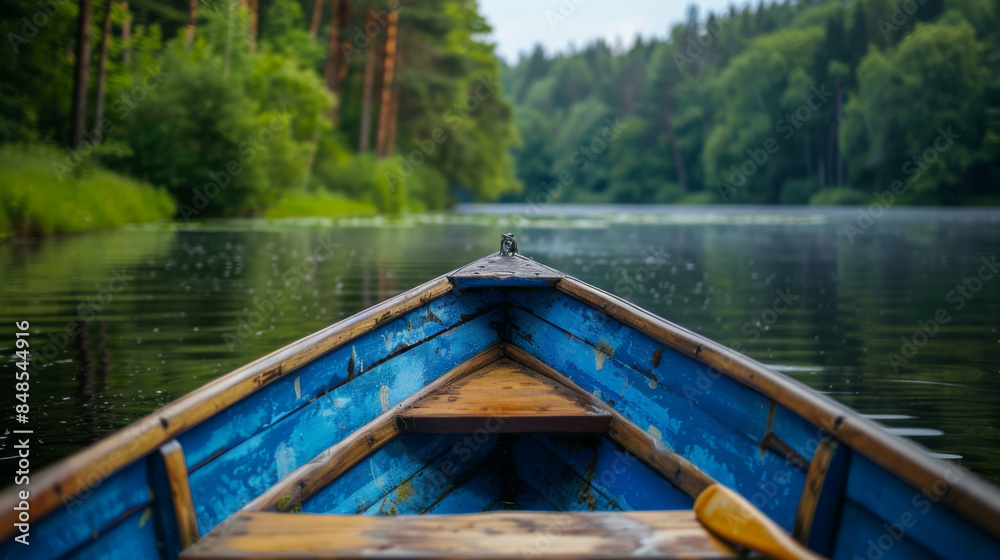 View from a blue wooden boat on a calm lake surrounded by dense forest, capturing a peaceful nature scene.