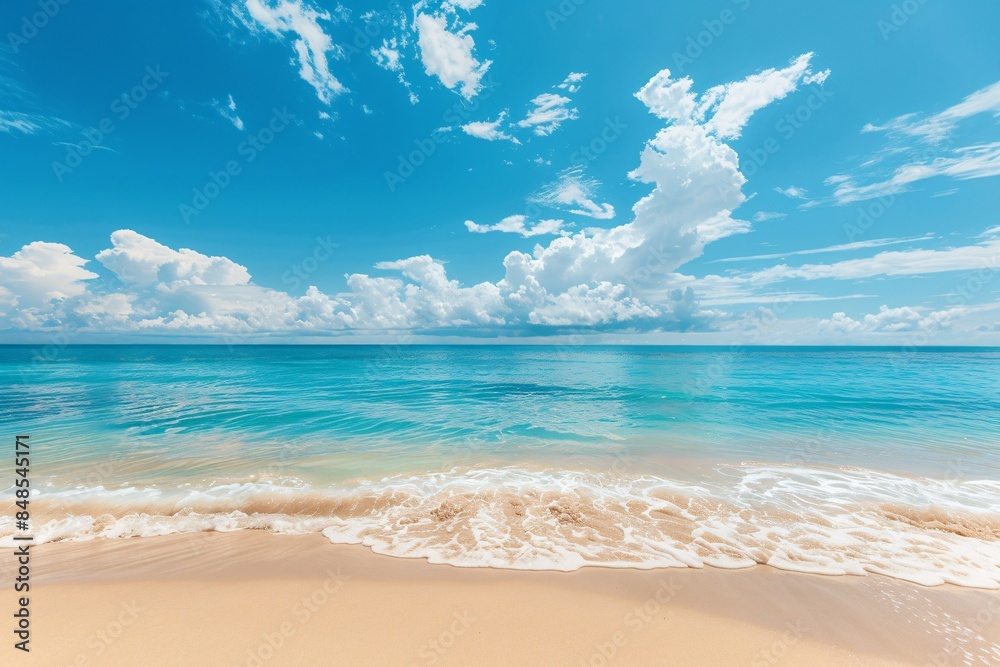Fototapeta premium Serene beach with clear blue sky, gentle waves, and soft sandy shore.