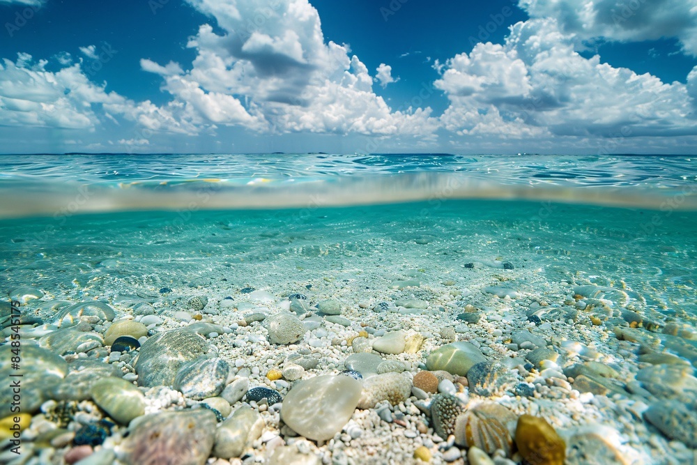 Crystal clear water over a seabed full of colorful shells under a sunny sky. Crystal clear water over a seabed full of colorful shells under a sunny sky.