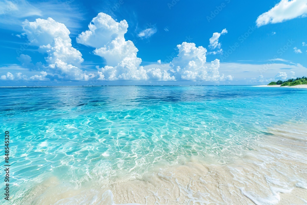 Tropical beach with clear turquoise water under a blue sky with fluffy clouds. Tropical beach with clear turquoise water under a blue sky with fluffy clouds.