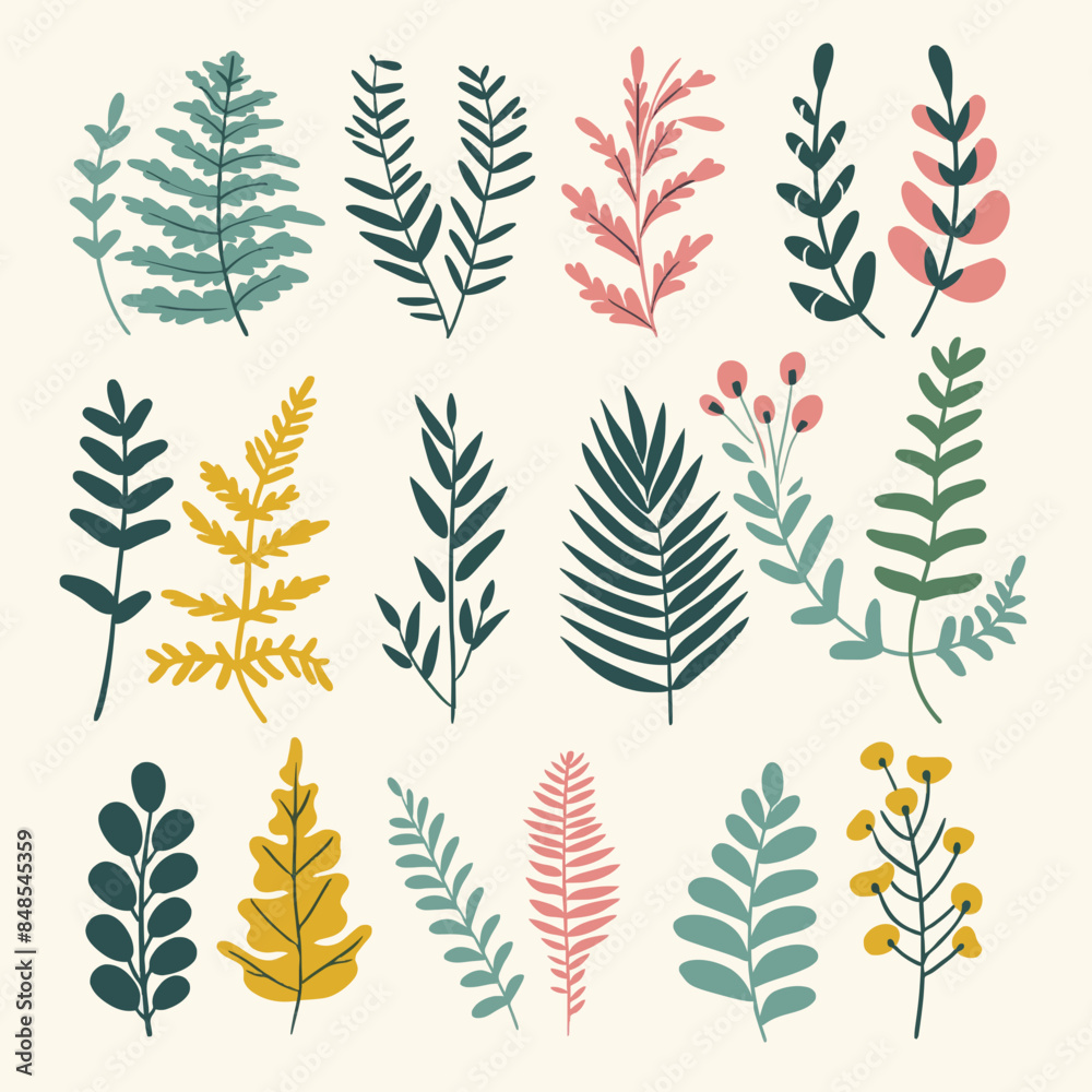Hand draw abstract ferns flat icon set Hand draw abstract ferns flat icon set