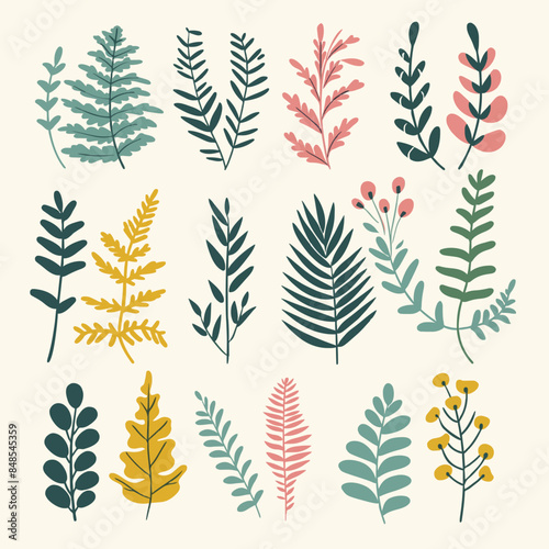 Hand draw abstract ferns flat icon set 