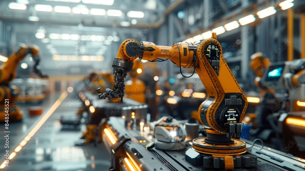 Industrial Robot Arm in a Modern Factory Setting Industrial Robot Arm in a Modern Factory Setting