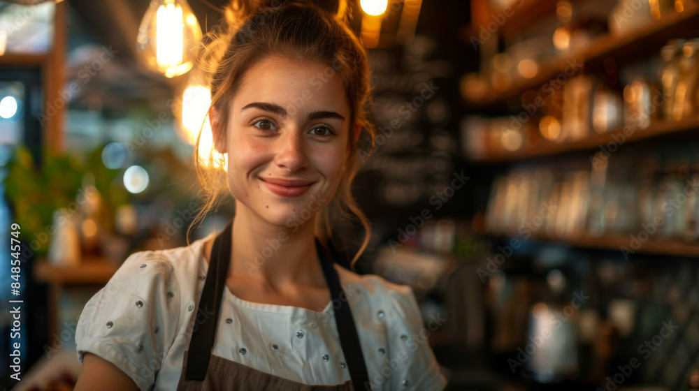 Friendly young barista smiles warmly in a cozy, warmly lit coffee shop with a rustic and inviting atmosphere. Friendly young barista smiles warmly in a cozy, warmly lit coffee shop with a rustic and inviting atmosphere.