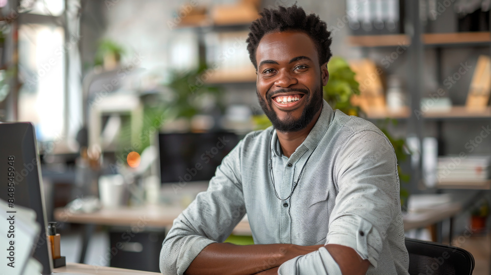 A happy man sits confidently in a contemporary office, surrounded by shelves and plants, radiating positivity and professionalism. A happy man sits confidently in a contemporary office, surrounded by shelves and plants, radiating positivity and professionalism.