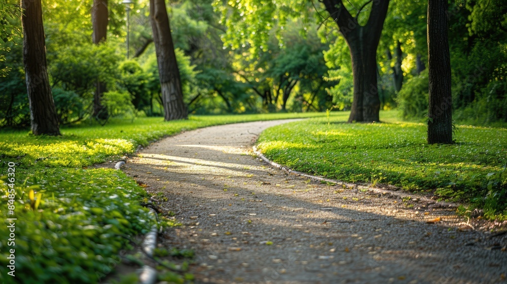 Sunlit path winding through lush green trees and foliage in peaceful park setting Sunlit path winding through lush green trees and foliage in peaceful park setting