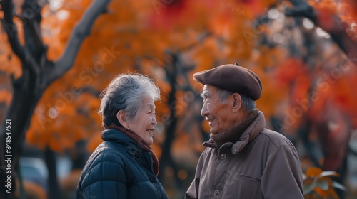 Elderly Asian couple smiles during fall stroll. © Pro Hi-Res