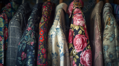 Various floral-patterned clothes hanging neatly in a closet, showcasing a variety of vibrant designs and textures. © khonkangrua