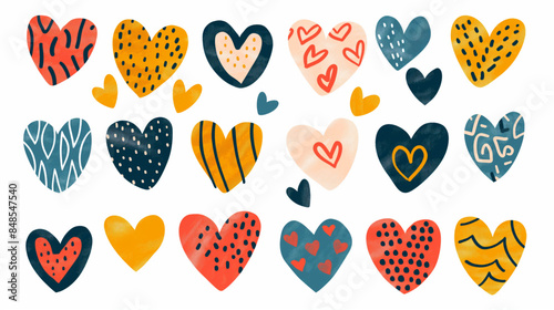 Hand draw abstract colourful hearts icon set. Valentine's concept.