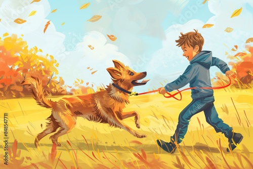A boy is walking a dog in a field of yellow grass