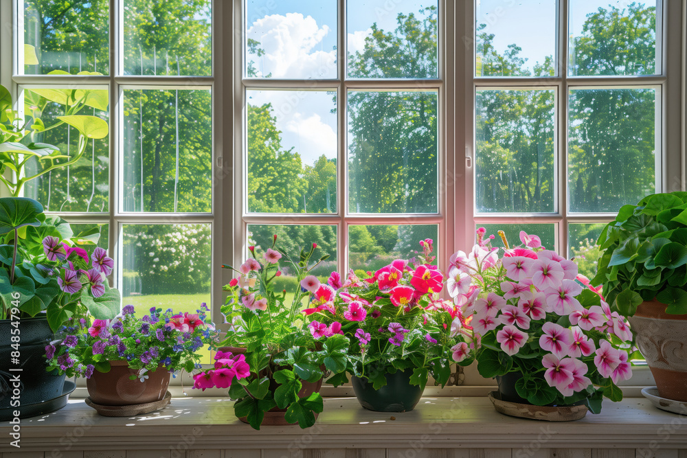 A window sill with a variety of potted plants, including pink flowers