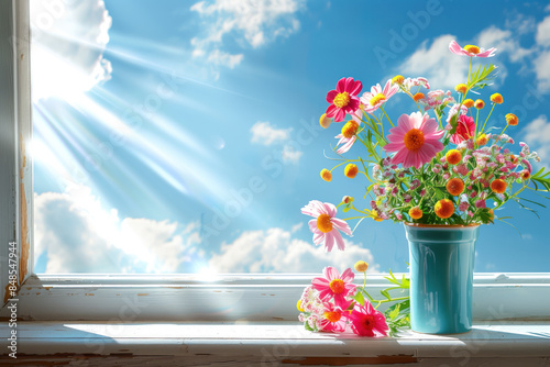 A vase of flowers sits on a windowsill, with the sun shining through the window