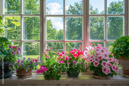 A window sill with a variety of potted plants, including pink flowers