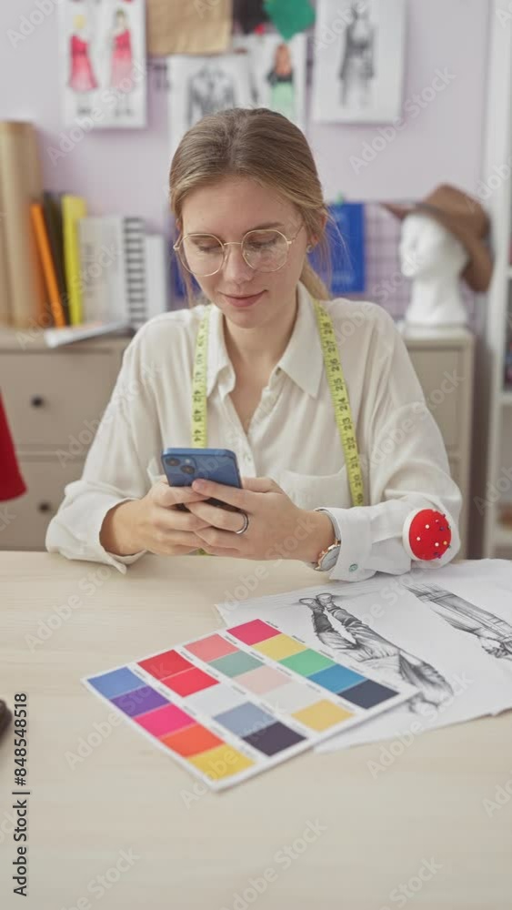 A focused young woman tailor looks at her phone in an atelier surrounded by sketches and fabric swatches.