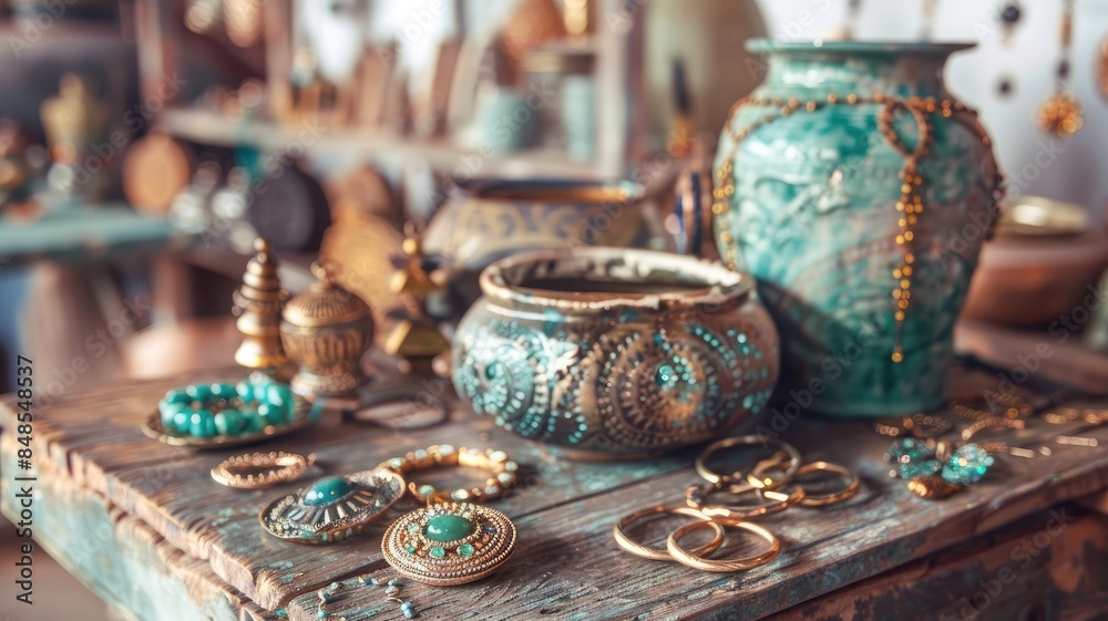 Boho-style jewelry and pottery on rustic wooden table Boho-style jewelry and pottery on rustic wooden table
