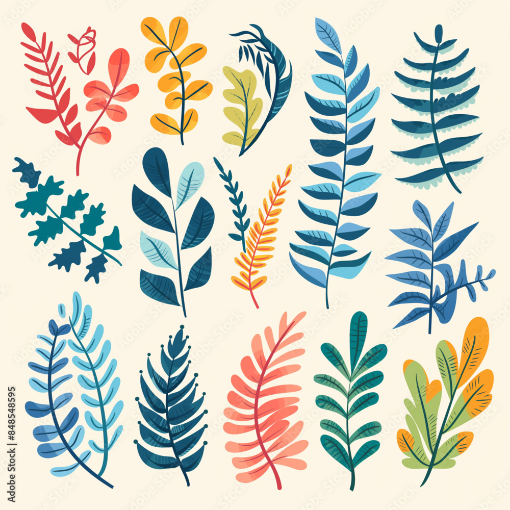 Hand draw abstract ferns flat icon set Hand draw abstract ferns flat icon set