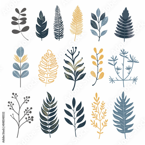 Hand draw abstract ferns flat icon set 