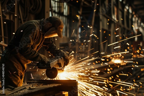 Sparks from worker using grinder in factory 
