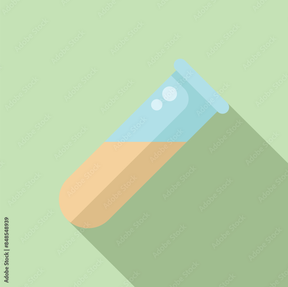 Test tube containing yellow liquid is standing on a green background, simple flat design with long shadow
