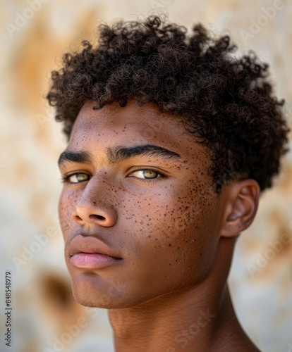 A young man model with brown skin, looking cute and affectionate, with his head turned to the right. 