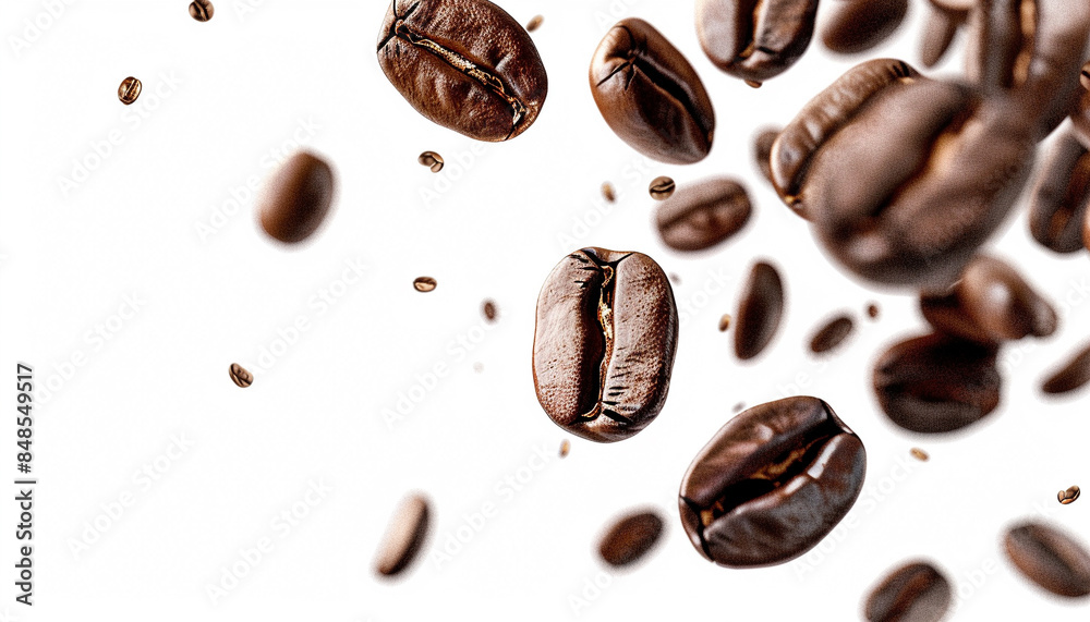 Coffee beans floating isolated on white background, high quality photo, realistic Coffee beans floating isolated on white background, high quality photo, realistic