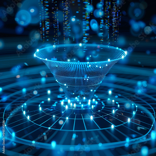 A blue sphere with a hole in the middle. The light is scattered in all directions, creating a sense of depth and movement. The image conveys a futuristic, otherworldly atmosphere