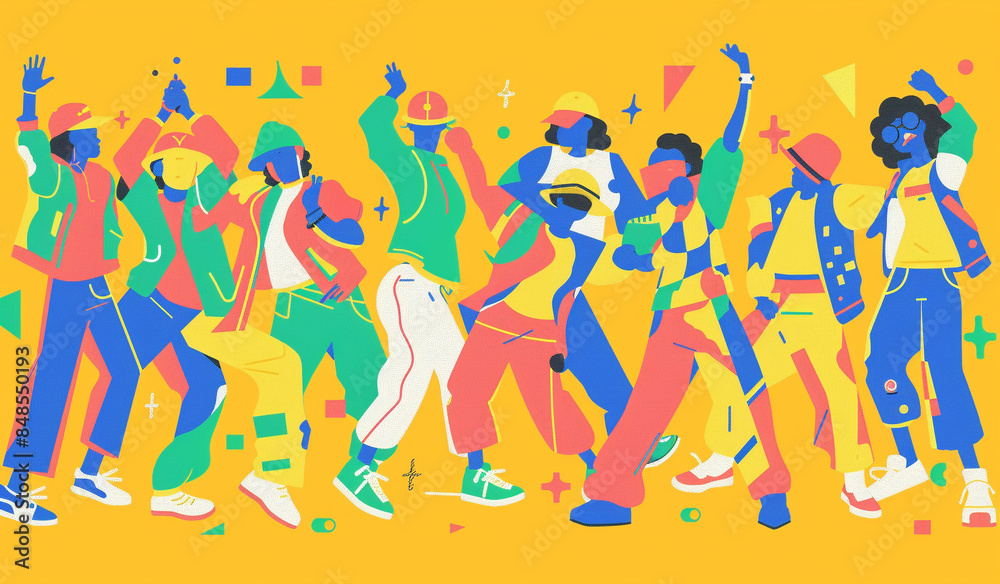 Obraz premium a group of figures that are doing different dance moves, in the style of simple, colorful illustrations, bold line work, bold color blocks, genderless 