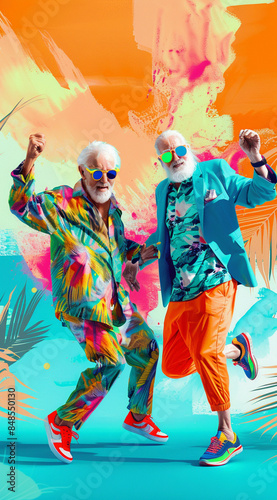 two people dancing, wearing sunglasses for old age, in the style of colorful caricature, thechamba