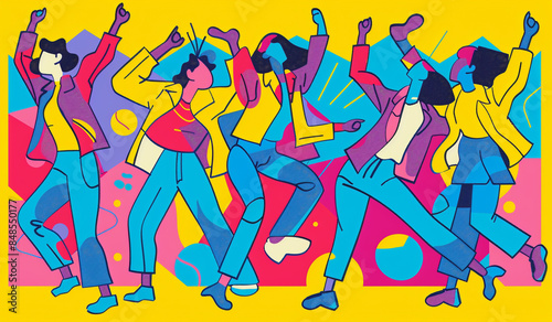 a group of figures that are doing different dance moves, in the style of simple, colorful illustrations