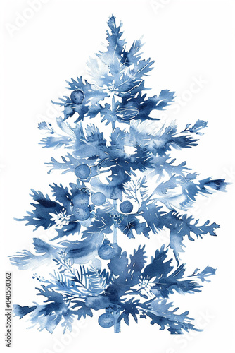 Childlike and simple aquarelle texture illustration of one large lush christmas tree with blue chinoiserie 