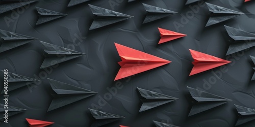 A striking image of a red paper airplane breaking away from a uniform pattern of black paper airplanes, symbolizing leadership and innovation. photo