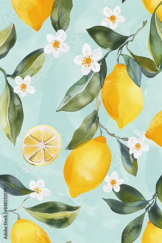 Lemon pattern, light blue background, handpainted in the style of a watercolor painting