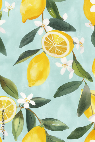 Lemon pattern, light blue background, handpainted in the style of a watercolor painting