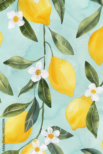 Lemon pattern, light blue background, handpainted in the style of a watercolor painting