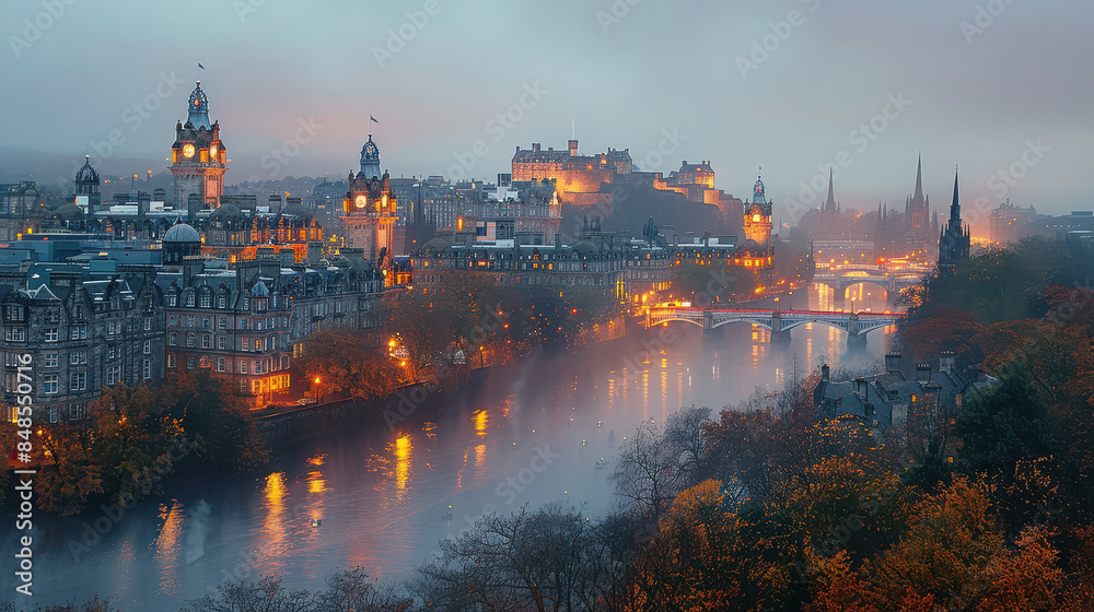 Fototapeta premium Edinburgh, United Kingdom city skyline created with Generative AI technology