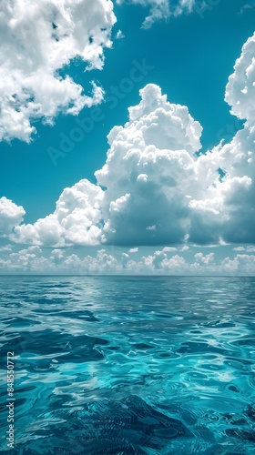 Peaceful Tropical Seascape with Turquoise Waters and Blue Skies. Summer Ocean Panorama with White Fluffy Clouds