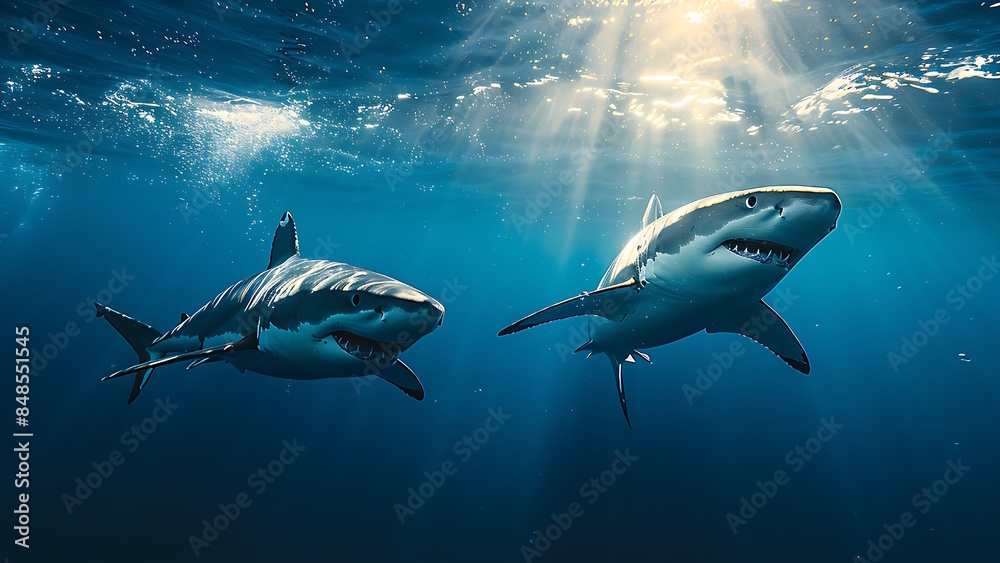 Obraz premium Shark underwater in the ocean, dangerous underwater predator.