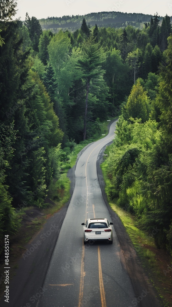 Summer road trip with a white car on a scenic forest route, perfect for stock images Summer road trip with a white car on a scenic forest route, perfect for stock images